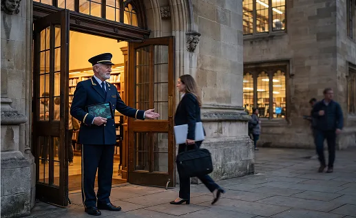 Building doorman used as a visual metaphor for AI augmentation versus task replacement.